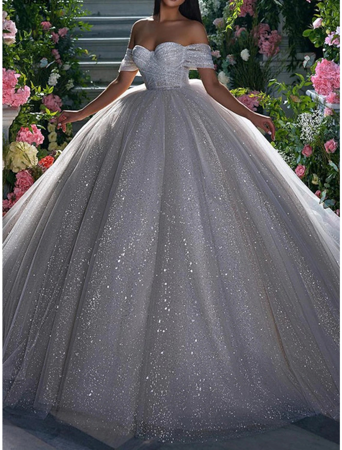 Buyishang Engagement Sparkle & Shine Formal Wedding Dresses Ball Gown Off Shoulder Cap Sleeve Chapel Train Sequined Bridal Gowns With Solid Color